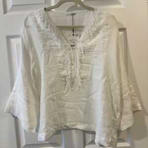 ZARA White Boho Blouse Size M NWT Pom Pom Lace Trim
